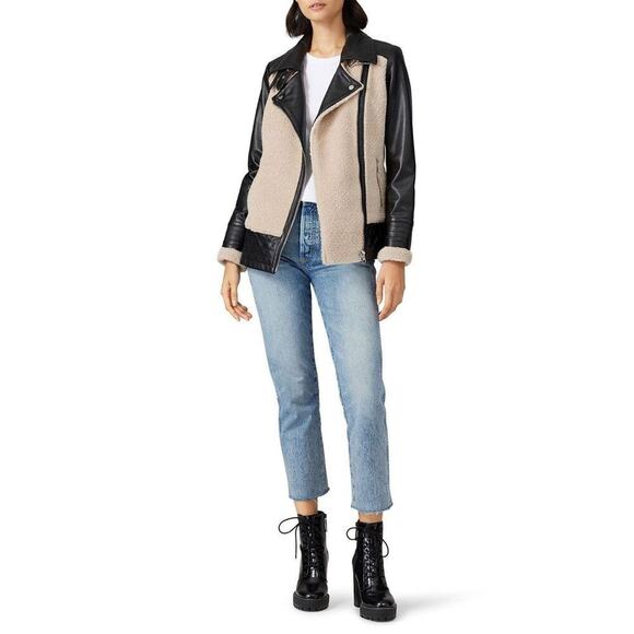 Slate & Willow Women's Black & Cream Faux Sherpa Aviator Leather Moto Jacket XS - Picture 1 of 13